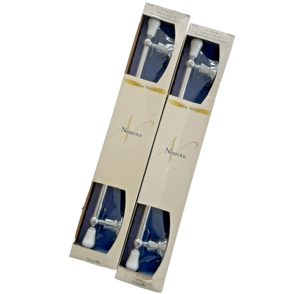 Two Glacier Bay Norfolk Towel Bars 18" Wall Mount Silver Finish White Knobs NEW